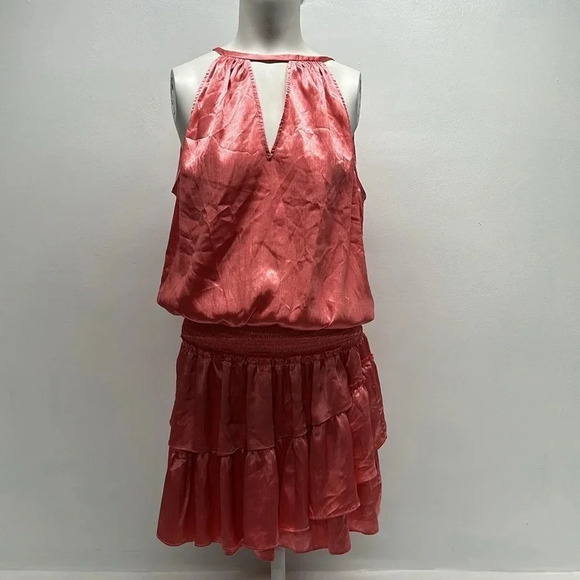 Ramy Brook Lea Dress Mini Halter Smocked Tiered Ruffled Rose Pink Size M Medium - Picture 2 of 12